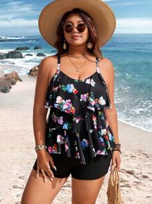 Swim Lushoire Plus Size 2pcs Swimsuit Set - Layered Ruffled High Waist Bottom & Random Plant Print Crop Tank Top, Casual & Simple Style, Suitable For Vacation For Summer - Multicolor - View 5