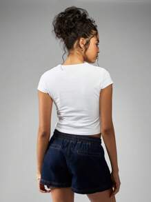 MISSGUIDED Short en jean d'été avec cordon de serrage, short en jean à taille élastique, short décontracté et confortable, tenue de plage et de villégiature, parfait pour les vacances de printemps - Bleu azur - Voir 2