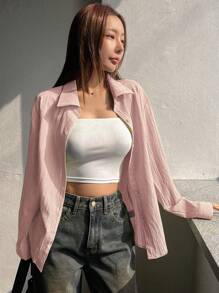 DAZY Camisa de manga larga con botones delanteros, textura y unicolor, de estilo minimalista y casual para mujer, ropa de otoño con estilo preppy - Rosa - Ver 5
