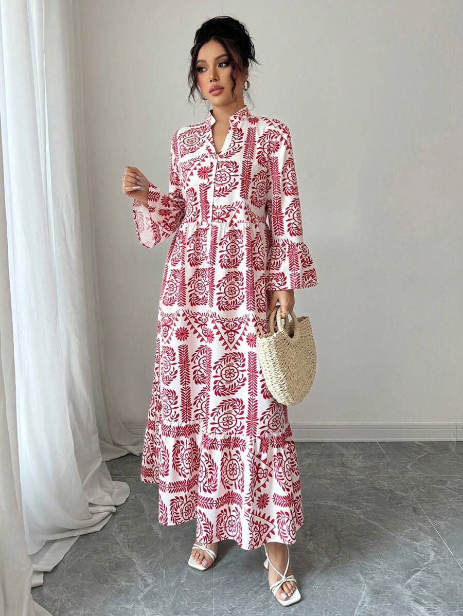 Breezaya Women's Elegant All-Over Print Notched Neck Flare Sleeve Dress - Red - View 1
