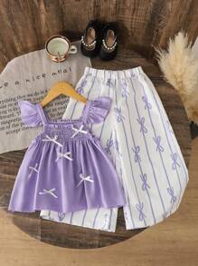 SHEIN 2pcs/Set Young Girl Purple Ruffle Trim Top And Elastic Waist Butterfly Print Pants Outfit - Multicolor - View 1