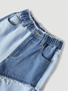 Denimly Tween Girl 都市街头时尚波西米亚风撞色原始下摆宽松直筒牛仔裤，带有原始下摆松紧腰带细节和平口袋，纽扣闭合，女孩必备的节日派对物品。 - 彩色 - 查看 4