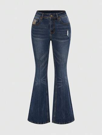 Grunge Punk Jeans aderenti da donna con gamba a zampa d'elefante, in stile vintage punk Y2K, con patch in tinta mimetica