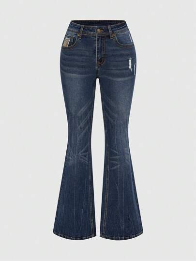 Grunge Punk Jeans ajustés pour femmes avec jambes évasées, patchwork vintage camouflage style Punk Y2K