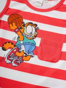 GARFIELD | SHEIN Conjunto de 2 piezas de Top de tirantes estampada con baloncesto y shorts deportivos estampados con baloncesto, estilo deportivo casual para niño, para primavera/verano - Naranja Coral - Ver 4