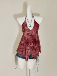 SHEIN ICON Top Halter Casual Vintage Vermelho com Estampa Paisley Plus Size, Adequado para o Verão - Multicolorido - Visão 7