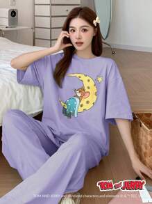 TOM AND JERRY X DAZY 可爱卡通印花宽松 T 恤上衣和超大字母徽标舒适睡裤睡衣套装 - 紫色 - 查看 6