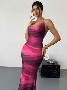 Firerie 女士优雅休闲与假日性感扎染圆领露背系带网眼透明中长紧身背心裙，夏季 - 中紫紅色 - 查看 4