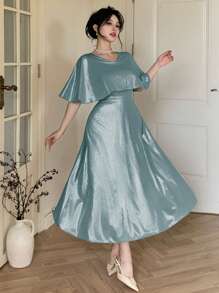 DAZY Elegant Solid-Color V-Neck Mid-Length Dress For Women, Suitable For Wedding Guests In Summer Dress - Teal Blue - View 5