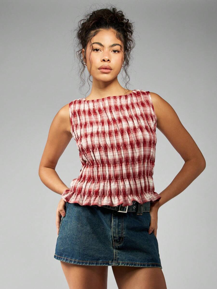 MISSGUIDED Áo crop top không tay nhún bèo họa tiết kẻ caro thường ngày lễ hội bãi biển mùa xuân áo cánh xếp ly thời trang trẻ em đường phố giáng sinh - Đỏ - Xem 1