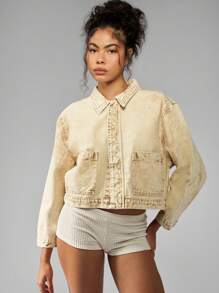 MISSGUIDED Oversized Cropped Trucker Denim Jacket Sand Washed Relaxed Fit Streetwear Grunge Y2K Fashion Lightweight Spring Summer Casual Outerwear - Apricot - View 4