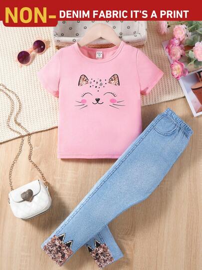 Elladie kids 青少女可愛貓咪微笑臉印花T恤和珠飾裝飾牛仔褲套裝，適用於夏季休閒、運動和日常穿著