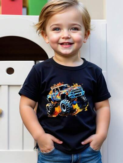 Infant/Toddler Boys Colorful Paint Splash Car Print Short Sleeve T-Shirt, Summer