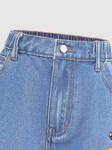 Girls Y2K Bohemian Style Ripped Letter & Cartoon Print Straight Leg Jeans With Slanted Pockets, Loose Casual Denim Pants - Light Wash - View 4