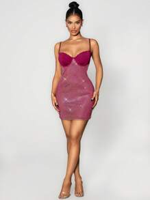 Sirith Vestido camisola slim fit para mujer con encaje de contraste y decoración de strass