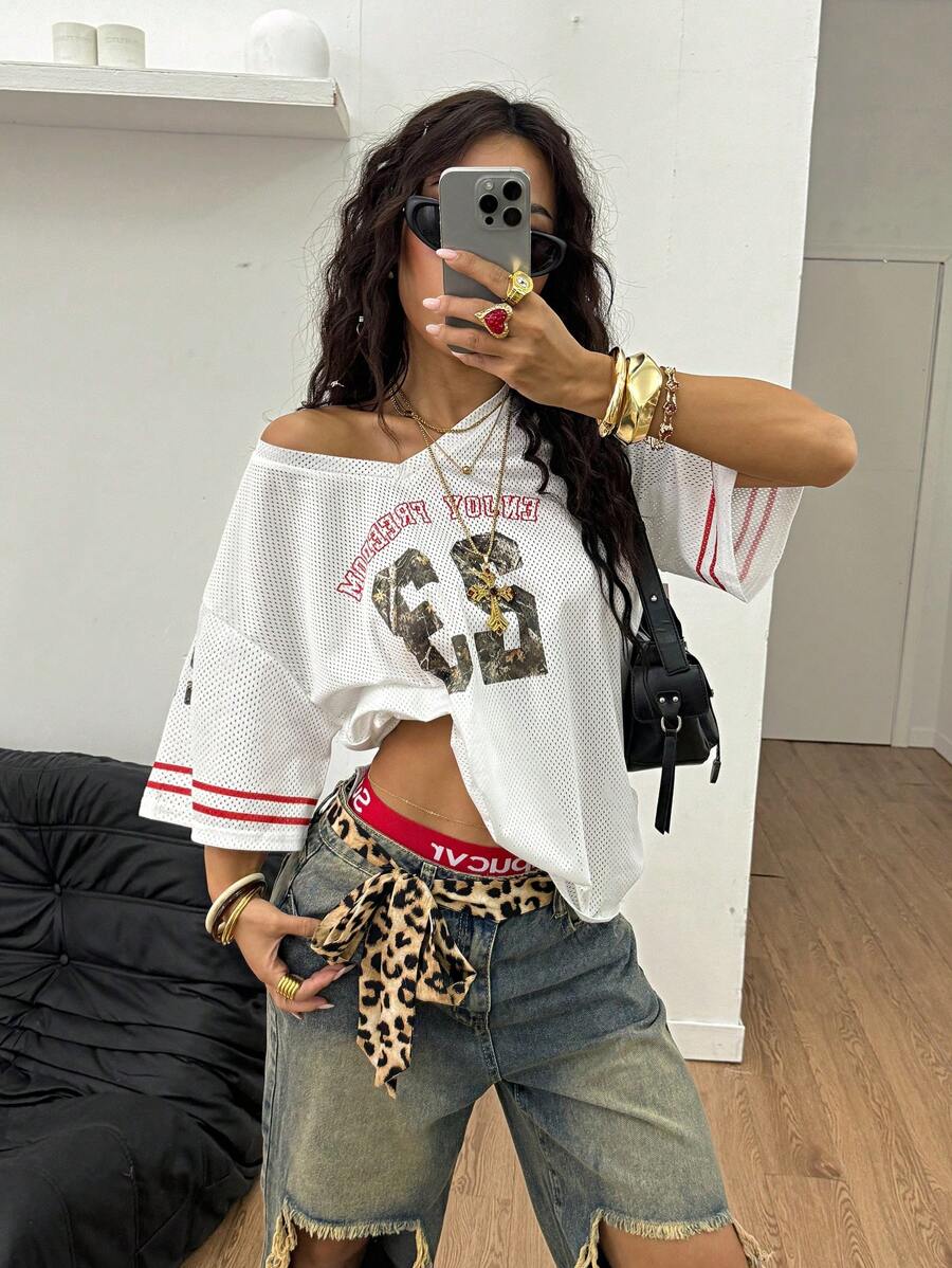 Coolane Women's Summer Drop Shoulder Oversized V-Neck Football Jersey T-Shirt With Letter Print,Couple Same Style - White - View 1