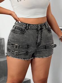 SHEIN ICON Plus Size Women Pockets Frayed Hem Adjustable Buckle Casual Denim Shorts - Black - View 3