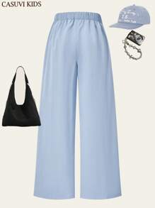 SHEIN Explorewe Tween Girl 1 件纹理面料白色休闲舒适长裤，夏季新品 - 薄荷藍 - 查看 4