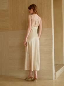 SHEIN LUNE Women's Satin Camisole Dress With Handcrafted Beaded Waist, Slim Fit, Crossover Elastic Strap, Backless, Sleeveless, Apricot Color, Suitable For Work And Commute