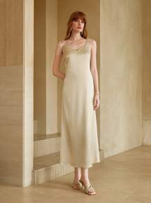 SHEIN LUNE Women's Satin Camisole Dress With Handcrafted Beaded Waist, Slim Fit, Crossover Elastic Strap, Backless, Sleeveless, Apricot Color, Suitable For Work And Commute