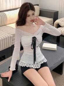 DAZY Women Casual Ruffle Tie Shoulder Lace Splice Long Sleeve T-Shirt,Off Shoulder Top Fall,Winter - White - View 1