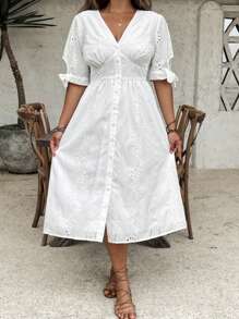 SHEIN VCAY Plus Size Women Vacation Batik Print Embroidered Single-Breasted Casual Dress Summer Boho Women's Clothing Brunch Outfits For Women Airport Outfit For Women Beach Vacation Outfits City Break Outfits Holiday Outfits Old Money Western Clothes For Women Western Wear Women Plus Bohemian Boho Top Boho Chic Boho Style White Dress Coconut Girl, Graduation Dress - White - View 3