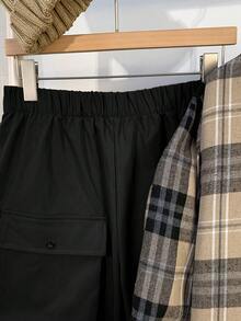 SHEIN 2 件套青少年男童休闲翻领格纹衬衫和工装裤套装，适合秋季、冬季、学校、休闲、运动、生日派对，百搭简约设计 - 黑色 - 查看 7