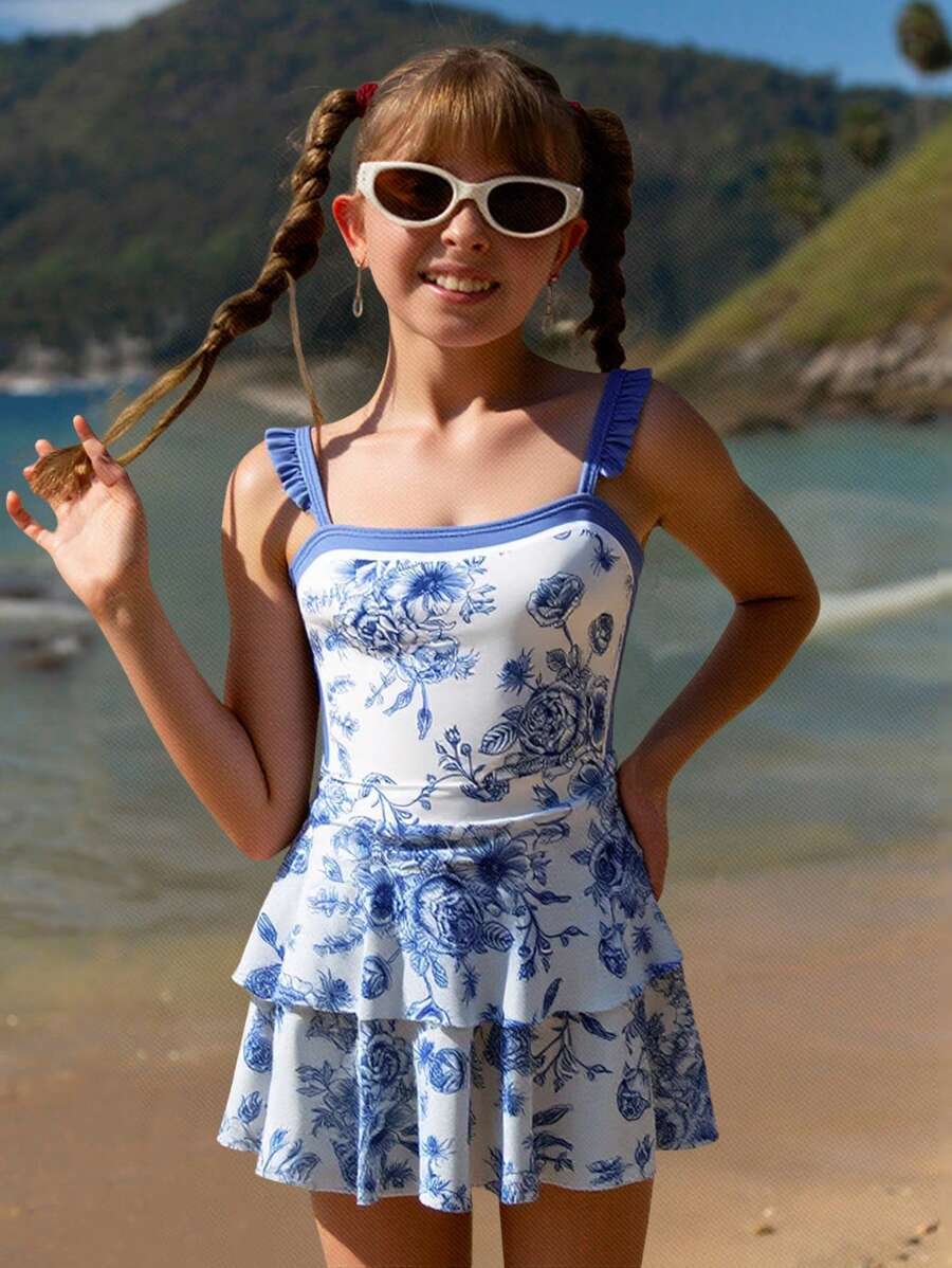 SHEIN Tween Girl Blue Floral Print Ruffled One-Piece Swimsuit With Beach Skirt - Multicolor - View 1