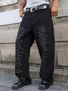 Manfinity EMRG Men's Black Washed Gothic Graffiti Print Loose Wide-Leg Jeans