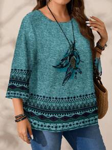 EMERY ROSE Camisa holgada de mujer talla grande con cuello redondo y manga 3/4 con estampado total, adecuada para primavera y otoño