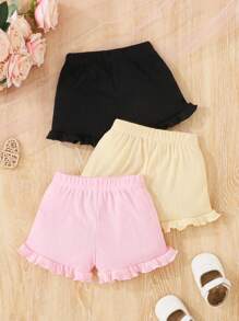 SHEIN 3 Pieces Infant/Toddler Girls Cute Casual Comfortable Loose Shorts Set. Features: Soft, Breathable Knit Fabric, Elastic Waistband, Ruffled Hem, Available In Pink & White. Versatile Style For Home, Vacation, Outdoor Play, Spring/Summer. - Multicolor - View 2
