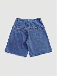 ROMWE Street Life Y2K Streetwear Embroidered Dual Waist Design Low Waist Loose Fit Denim Shorts - Blue - View 2