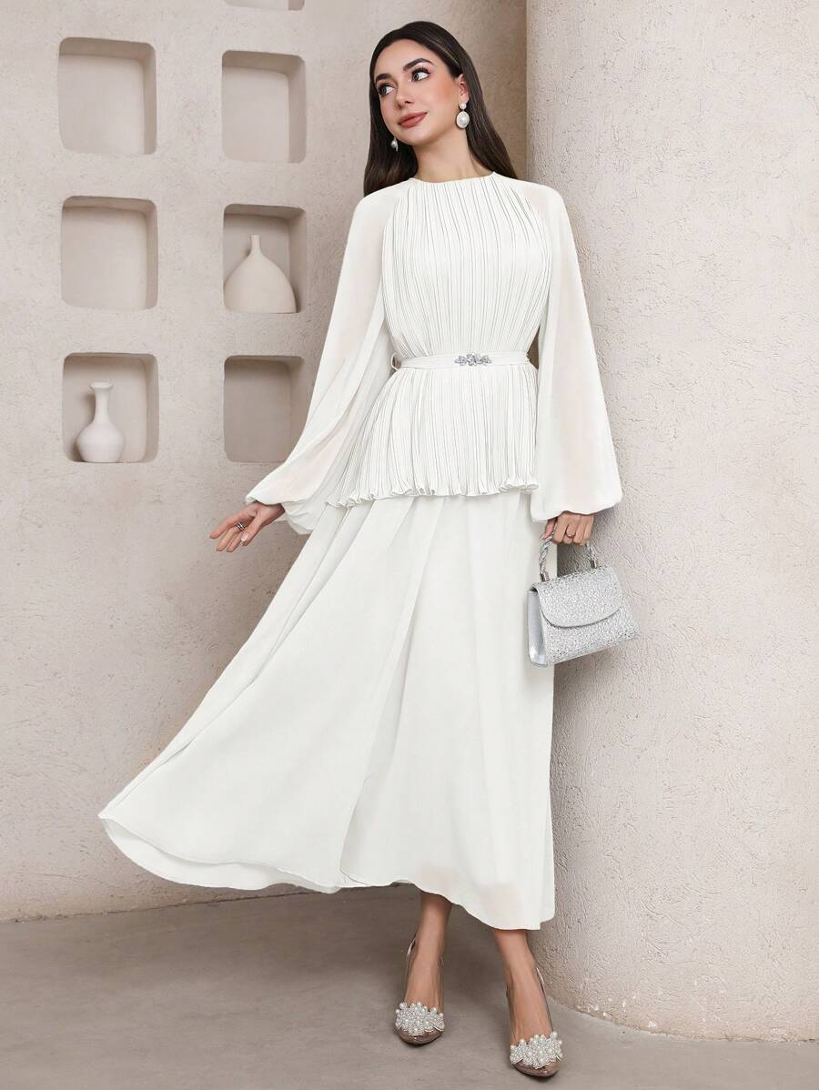 Veilorie Women Elegant Solid Color Waist Wrap Long Sleeve Abaya Dress - Beige - View 1