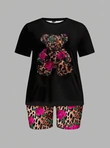 Slaydiva 2pcs/Set Plus Size Women Casual Rose & Leopard Cartoon Bear Print Short Sleeve T-Shirt & Shorts, Summer Suitable For Going Out