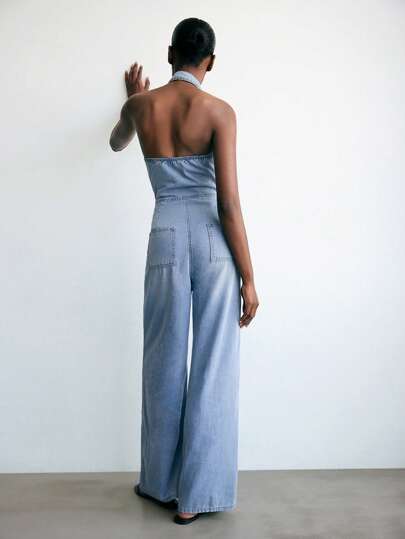 Maija 女士牛仔背带裤和连身裤休闲修身无袖连体衣，蓝色