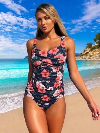 Swim Lushoire 2pcs/Set Tropical Plant Print Women's Swimsuit Sexy Tummy Control Beach Resort Bathing Suit For Summer Beach Vacation