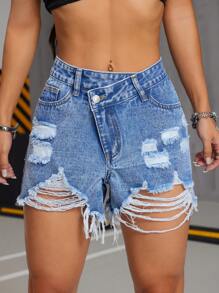 SHEIN Tall Asymmetric Waist Ripped Fringed Washed Denim Shorts - Medium Wash - View 1
