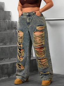 SHEIN ICON Plus Size Women Pocketed Distressed Wide Leg Loose Casual Versatile Denim Jeans - Blue - View 6