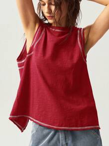 Bohemela Plain Knitted Loose Relaxed Women's Tank Top - Burgundy - View 3
