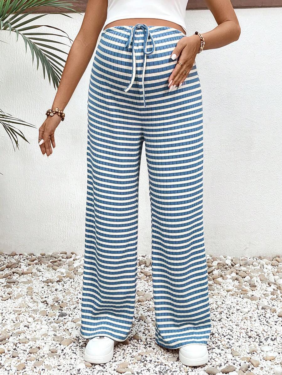 SHEIN Stylish Maternity Knitted Wide Leg Pants In Blue And White Stripes With Comfortable Drawstring Waist For Casual Wear - Blue and White - View 1
