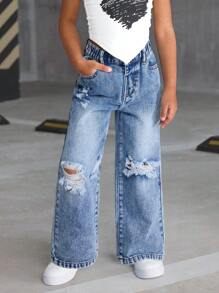 女孩休闲百搭破洞直筒牛仔裤 - 藍色 - 查看 5