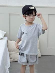 SHEIN 2pcs/Set Young Boy Casual Daily/Vacation T-Shirt + Shorts Outfit, Suitable For Daily, School, Outings, Outdoor Play, Summer Season - Grey - View 3