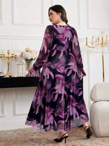 Modelyn Plus Size Pink Floral Mesh Maxi Dress: Elegant Square Neck, Long Sleeve, And Flared Hem For Special Occasions - Pink - View 2