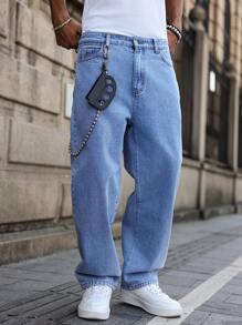 Manfinity Hypemode Men's Light Blue Washed Casual Slim Straight Jeans - Light Wash - View 4