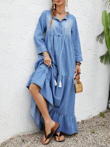 Vivid Eden 女士休闲宽松长款牛仔连衣裙，蓝色