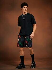 HARRY POTTER X SHEIN Men's Black Knitted Casual Shorts With Pockets And All-Over Animal Graphic Print - Black - View 3