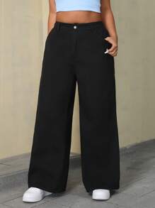 SHEIN ICON 大码纯色牛仔裤，适合夏季的时尚 - 黑色 - 查看 4