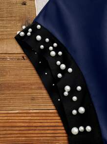 SHEIN LUNE Women's Casual Loose Round Neck T-Shirt With Pearl Decoration On Cuffs - Navy Blue - View 6