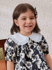 Blossori Baby Girls Elegant French Style Black Ditsy Ditsy Floral Loose Blouse, Spring/Summer - Black and White - View 3