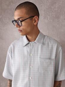 SUMWON Casual Short Sleeve Boxy Check Shirt Nyc Graphic Print Streetwear Button Down Shirt Fashion Urban Lightweight Preppy Modern Design Autumn Spring - Blue - View 3